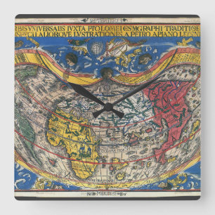 Antiek Wereldkaart Heart Shaped van Peter Apian 15 Vierkante Klok