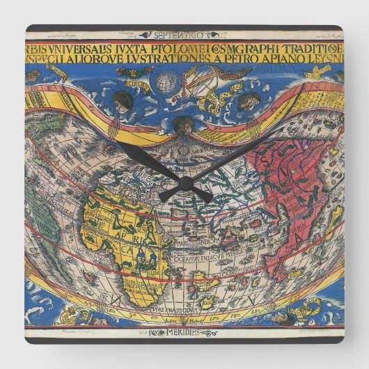 Antiek Wereldkaart Heart Shaped van Peter Apian 15 Vierkante Klok (Voorkant)