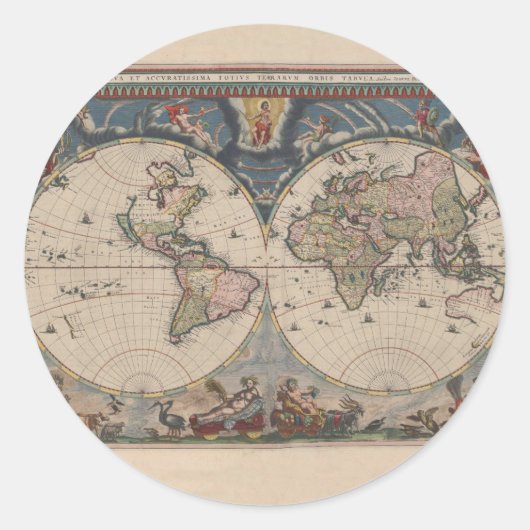 Antiek Wereldkaart: Historische Cartografie Kunst Ronde Sticker (Voorkant)