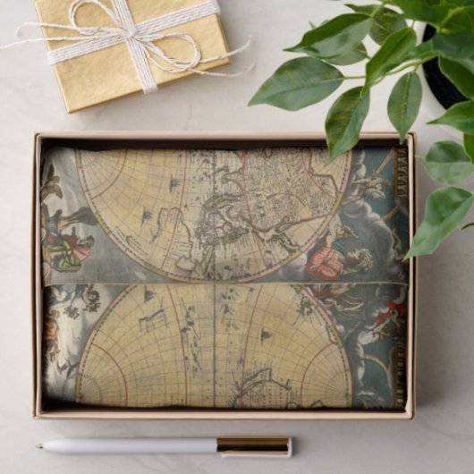 Antiek Wereldkaart J. Blaeu 1664 Tissuepapier (Geschenk)