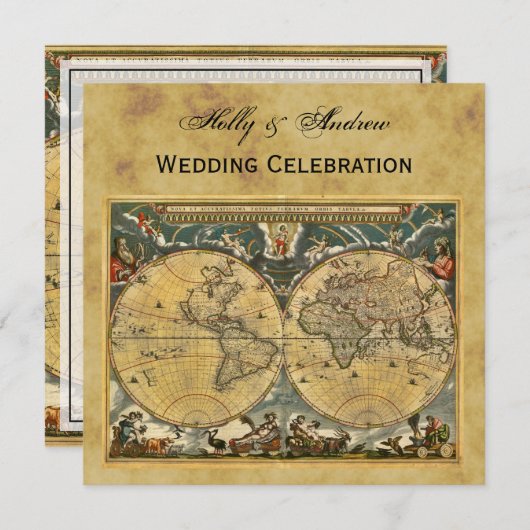 Antiek Wereldkaart, Noodlijdend BG SQ Bruiloft Kaart (Voorkant / Achterkant)