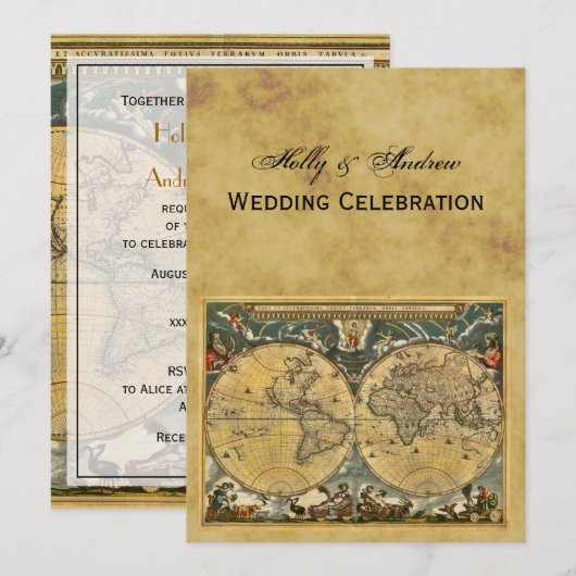 Antiek Wereldkaart, Noodlijdend BG V Bruiloft Kaart (Voorkant / Achterkant)