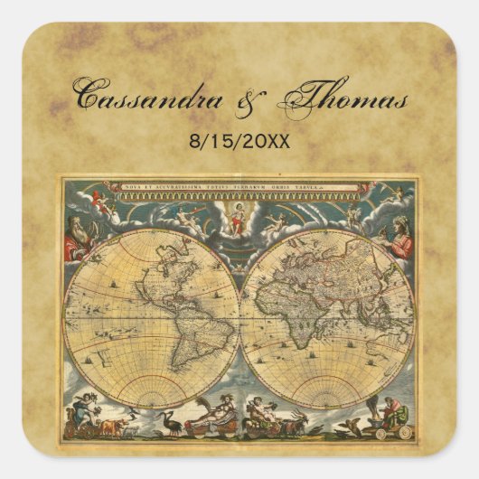 Antiek Wereldkaart Onderdruk BG-envelopzegels Vierkante Sticker (Voorkant)
