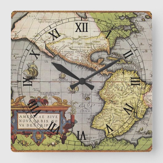 Antiek Wereldkaart van Amerika door Abraham Orteli Vierkante Klok (Voorkant)