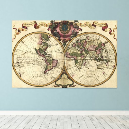 Antiek Wereldkaart van Guillaume de L'Isle, 1720 Canvas Afdruk (Insitu (Houten vloer))