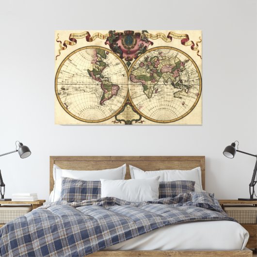 Antiek Wereldkaart van Guillaume de L'Isle, 1720 Canvas Afdruk (Insitu (Slaapkamer))
