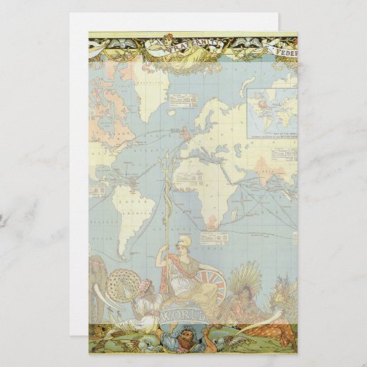 Antiek Wereldkaart van het Britse Rijk, 1886 Briefpapier (Voorkant / Achterkant)