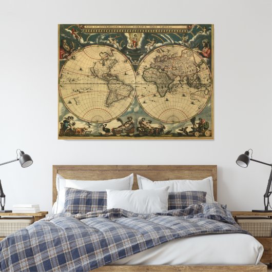 Antiek Wereldkaart van Joan Blaeu, circa 1664 Canvas Afdruk (Insitu (Slaapkamer))