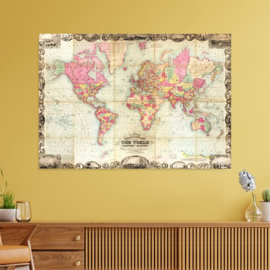 Antiek Wereldkaart van John Colton, circa 1854 Canvas Afdruk (Insitu (Woonkamer))