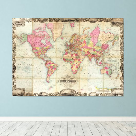 Antiek Wereldkaart van John Colton, circa 1854 Canvas Afdruk (Insitu (Houten vloer))