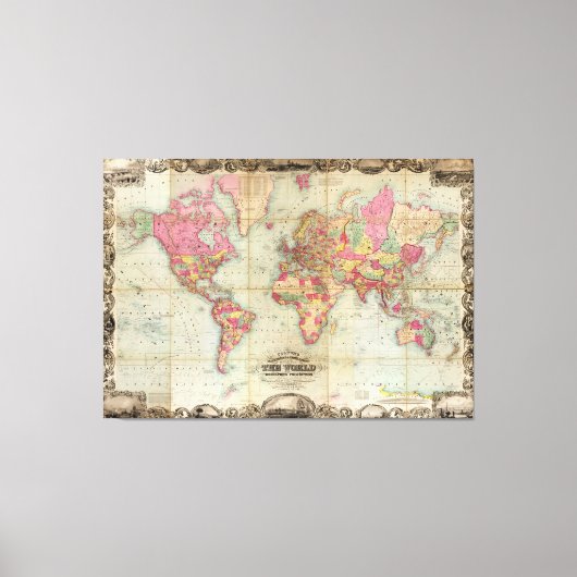 Antiek Wereldkaart van John Colton, circa 1854 Canvas Afdruk (Voorkant)