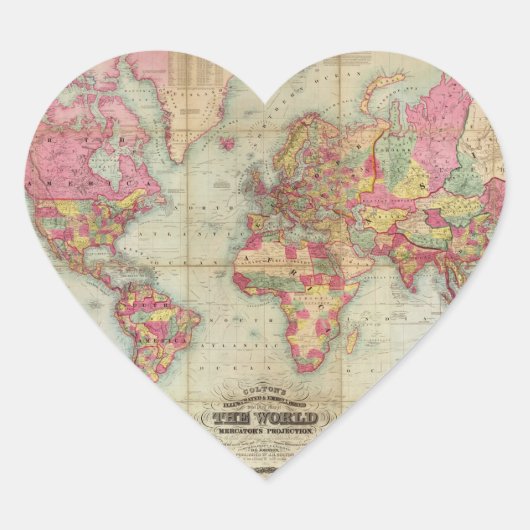 Antiek Wereldkaart van John Colton, circa 1854 Hart Sticker (Voorkant)