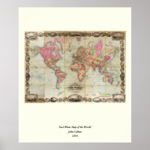 Antiek Wereldkaart van John Colton, circa 1854 Poster