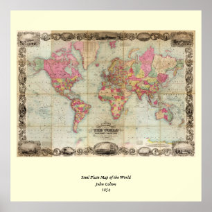 Antiek Wereldkaart van John Colton, circa 1854 Poster