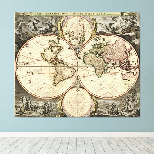 Antiek Wereldkaart van Nicolao Visscher, circa 169 Canvas Afdruk (Insitu (Houten vloer))