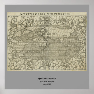 Antiek Wereldkaart van Sebastian Münster ongeveer  Poster