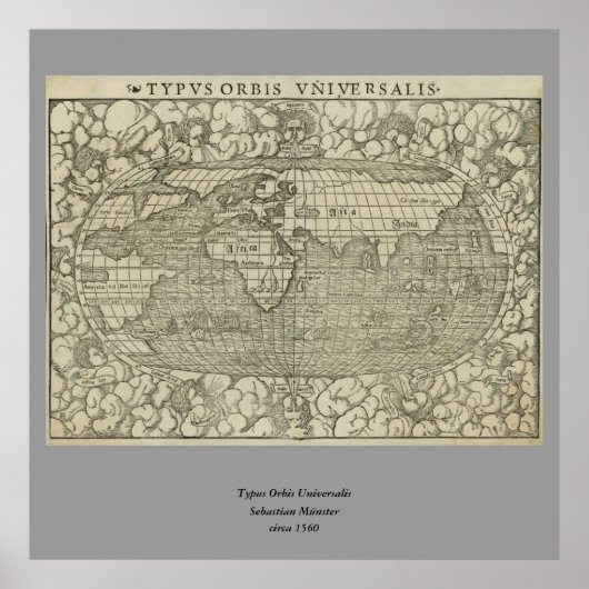 Antiek Wereldkaart van Sebastian Münster ongeveer Poster (Voorkant)