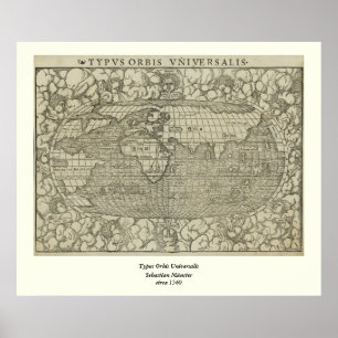 Antiek Wereldkaart van Sebastian Münster ongeveer Poster