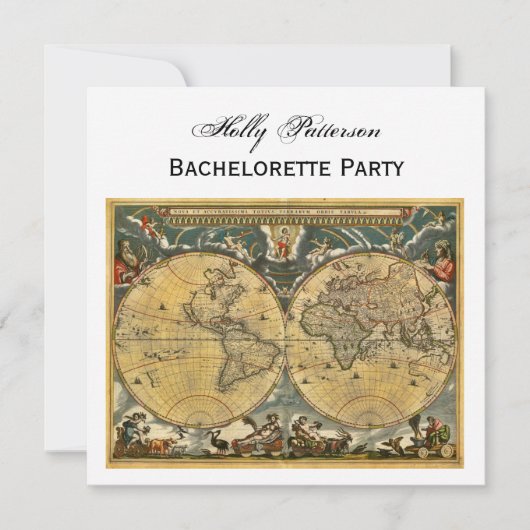 Antiek Wereldkaart, White BG SQ Bachelorette Kaart (Voorkant)