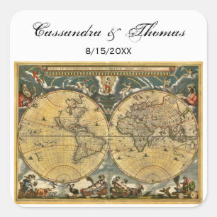 Antiek Wereldkaart Witte BG envelopzegels Vierkante Sticker