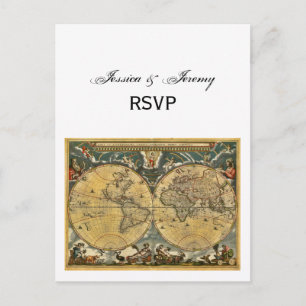 Antiek Wereldkaart, witte BG RSVP Uitnodiging Briefkaart