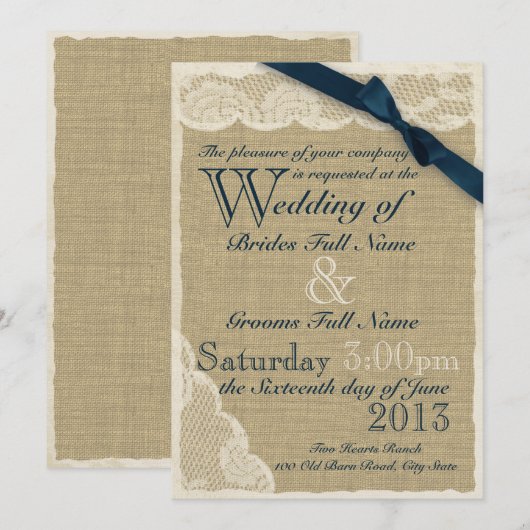 Antiek White Lace Country Wedding Navy Kaart (Voorkant / Achterkant)