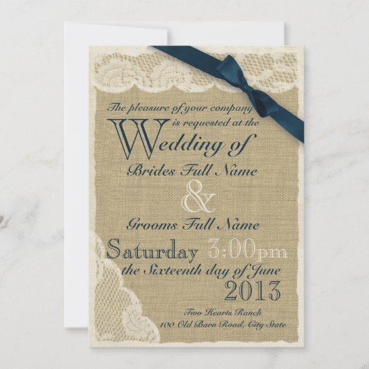 Antiek White Lace Country Wedding Navy Kaart (Voorkant)