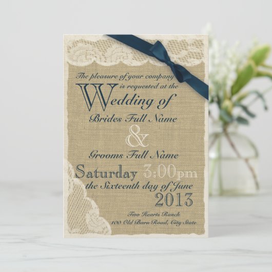 Antiek White Lace Country Wedding Navy Kaart (Staand voorkant)