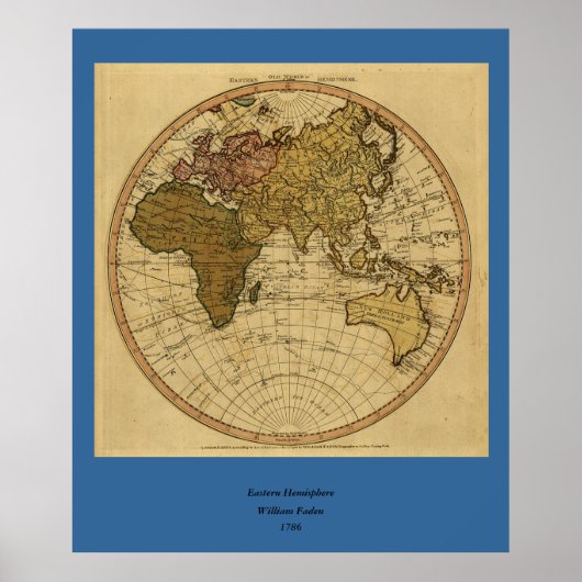 Antiek William Faden 1786 Eastern Hemisphere Map Poster (Voorkant)