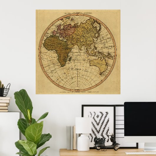 Antiek William Faden 1786 Eastern Hemisphere Map Poster (Thuiskantoor)