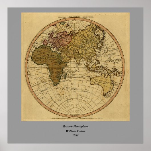 Antiek William Faden 1786 Eastern Hemisphere Map Poster (Voorkant)