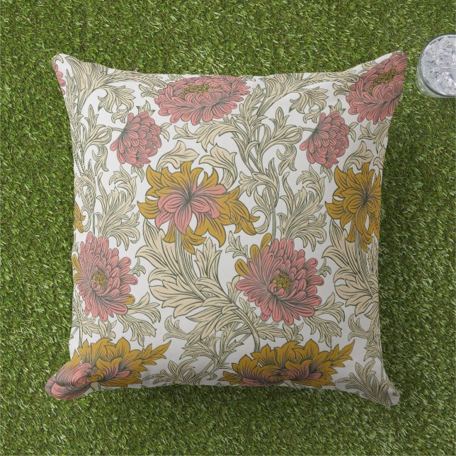 Antiek William Morris Chrysanthemum Patroon Buitenkussen (Gras)