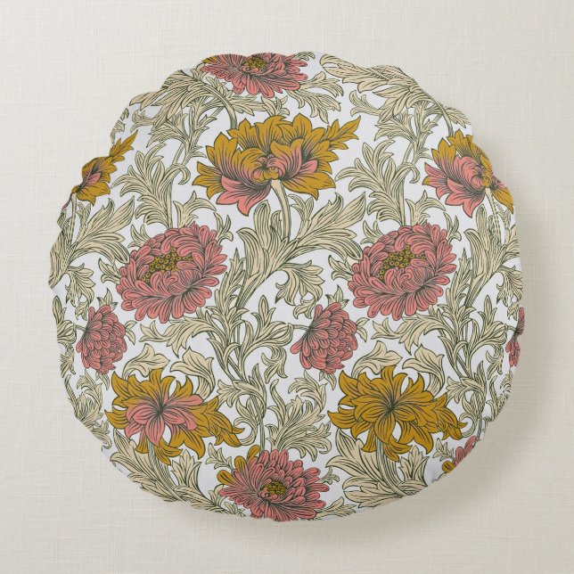 Antiek William Morris Chrysanthemum Patroon Rond Kussen (Voorkant)