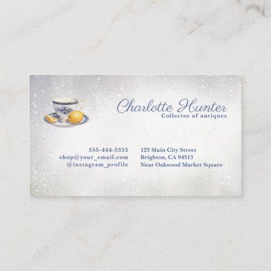 Antiek winkel Chinoiserie blauwe theepot citroenen Visitekaartje (Achterkant)