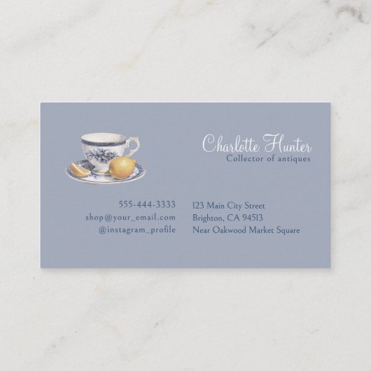 Antiek winkel Chinoiserie blauwe theepot citroenen Visitekaartje (Achterkant)