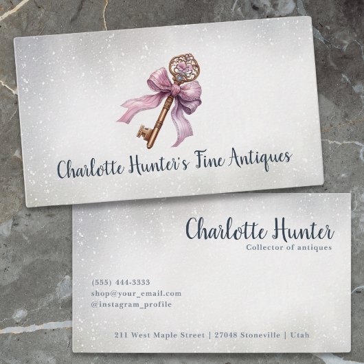 Antiek winkel, elegant  messing sleutel roze boog visitekaartje