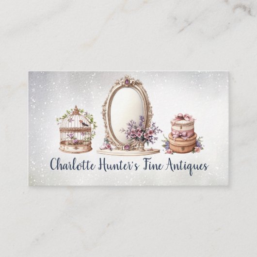Antiek winkel, elegante  spiegel, vogelkooi visitekaartje (Voorkant)