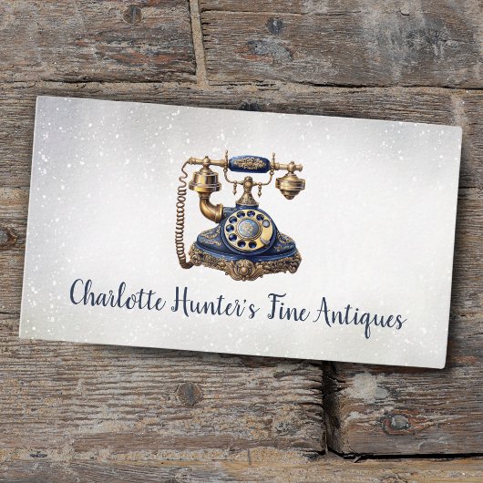 Antiek winkel,  oude telefoon, goud en blauw visitekaartje