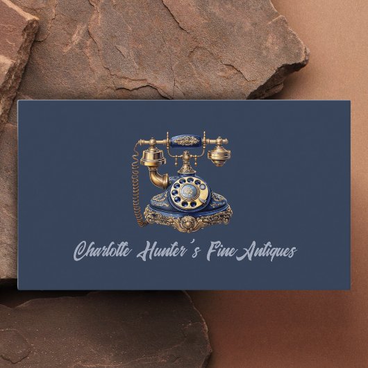 Antiek winkel, oude telefoon, goud en blauw visitekaartje