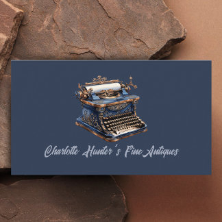 Antiek winkel, oude typemachine, goud en blauw visitekaartje