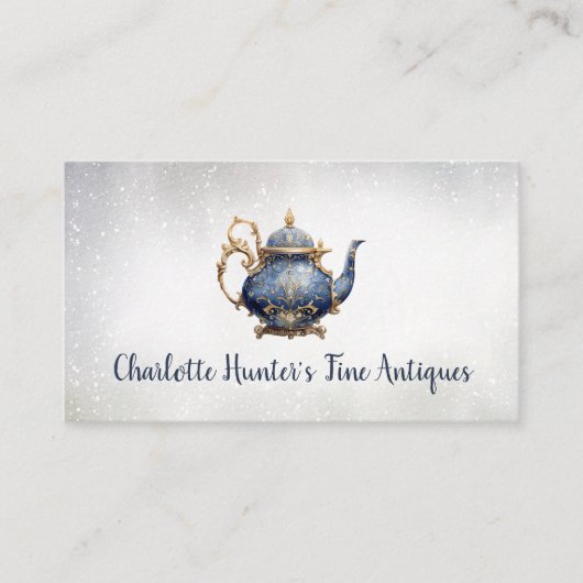 Antiek winkel,  theepot, goud en blauw visitekaartje (Voorkant)