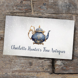 Antiek winkel, theepot, goud en blauw visitekaartje