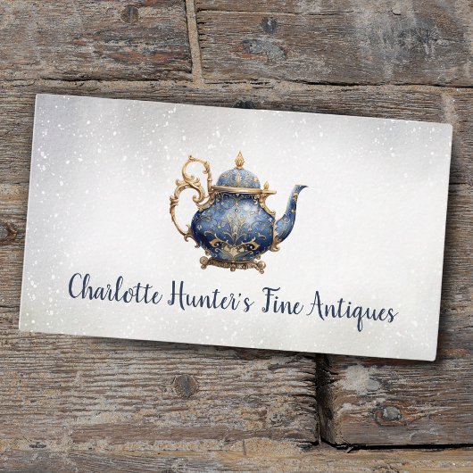 Antiek winkel,  theepot, goud en blauw visitekaartje