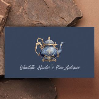 Antiek winkel, theepot, goud en blauw visitekaartje
