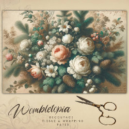 Antiek Winter Bloemen Kerstmis Script Decoupage Tissuepapier