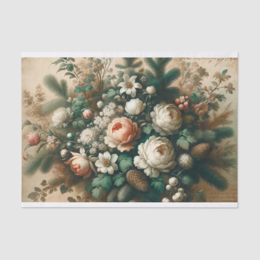 Antiek Winter Bloemen Kerstmis Script Decoupage Tissuepapier (Voorkant)
