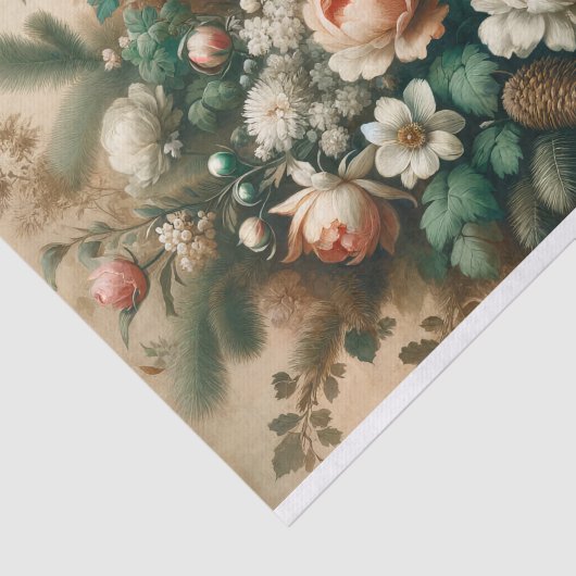 Antiek Winter Bloemen Kerstmis Script Decoupage Tissuepapier (Detail)