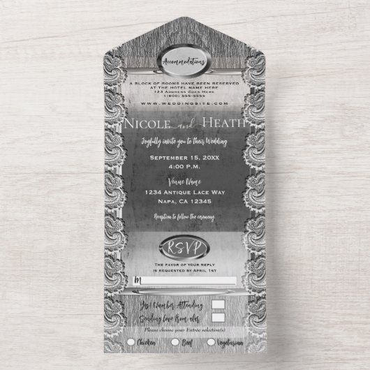 Antiek wit gelaat grijs hout, zilver huwelijk all in one uitnodiging (Binnen)