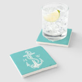 Antiek Witte Anchor Turquoise Achtergrond Stenen Onderzetter (Zijkant)