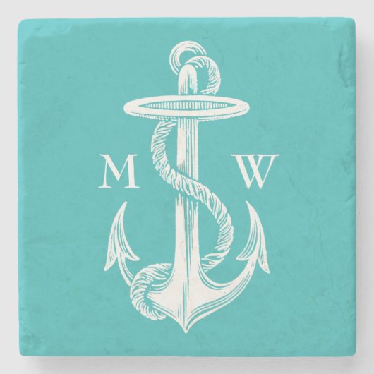 Antiek Witte Anchor Turquoise Achtergrond Stenen Onderzetter (Voorkant)
